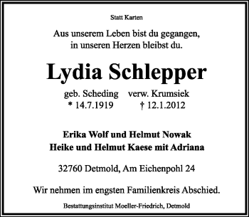 Anzeige  Lydia Schlepper  Lippische Landes-Zeitung