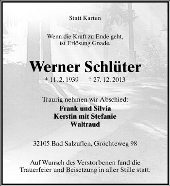Anzeige  Werner Schlüter  Lippische Landes-Zeitung