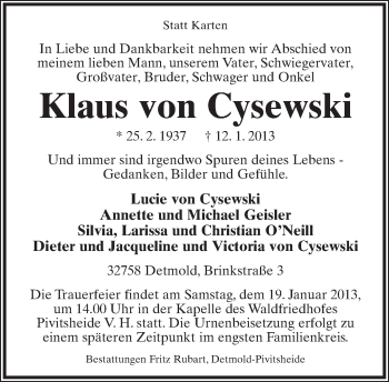 Anzeige  Klaus  von Cysewski  Lippische Landes-Zeitung