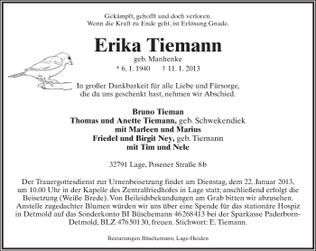 Anzeige  Erika Tiemann  Lippische Landes-Zeitung