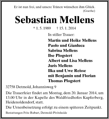 Anzeige  Sebastian Mellens  Lippische Landes-Zeitung