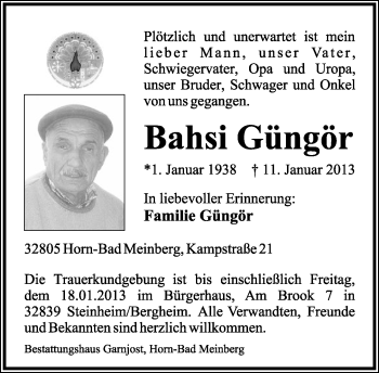 Anzeige  Bahsi Güngör  Lippische Landes-Zeitung