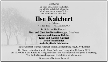 Anzeige  Ilse Kalchert  Lippische Landes-Zeitung