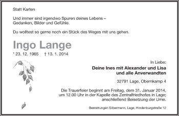 Anzeige  Ingo Lange  Lippische Landes-Zeitung