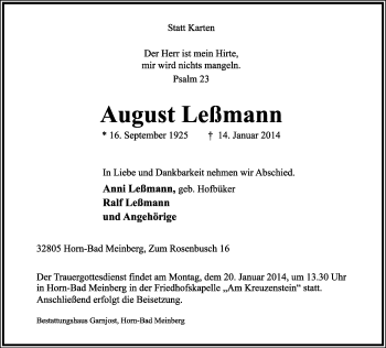 Anzeige  August Leßmann  Lippische Landes-Zeitung