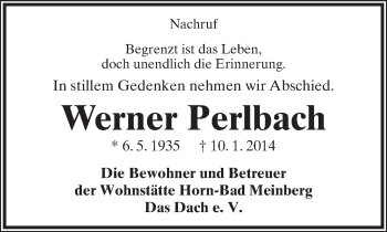 Anzeige  Werner Perlbach  Lippische Landes-Zeitung