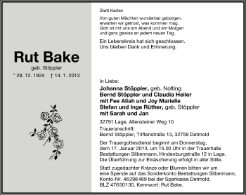 Anzeige  Rut Bake  Lippische Landes-Zeitung