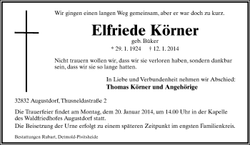 Anzeige  Elfriede Körner  Lippische Landes-Zeitung