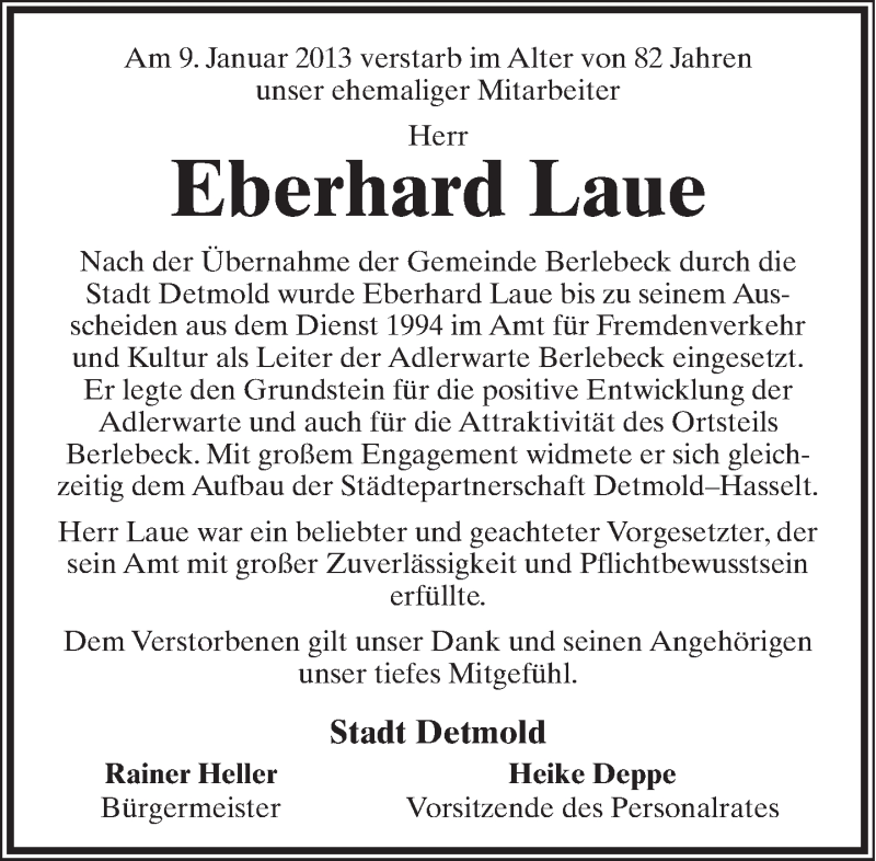  Traueranzeige für Eberhard Laue vom 16.01.2013 aus Lippische Landes-Zeitung