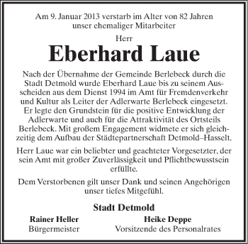 Anzeige  Eberhard Laue  Lippische Landes-Zeitung