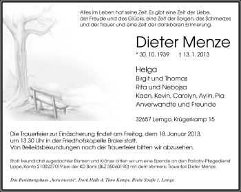 Anzeige  Dieter Menze  Lippische Landes-Zeitung