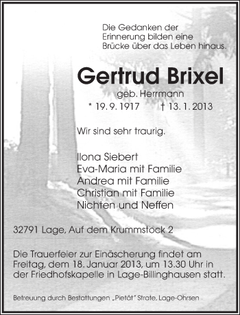 Anzeige  Gertrud Brixel  Lippische Landes-Zeitung