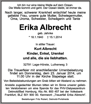 Anzeige  Erika Albrecht  Lippische Landes-Zeitung