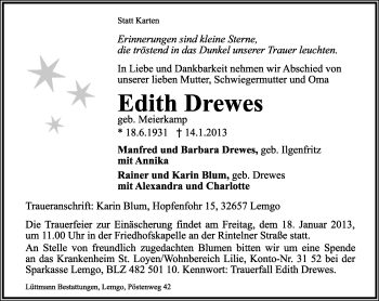 Anzeige  Edith Drewes  Lippische Landes-Zeitung