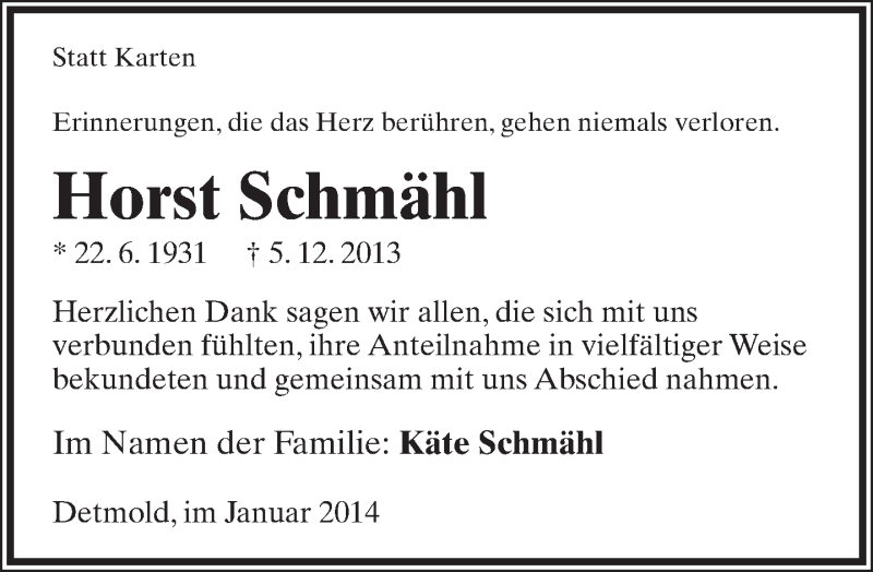  Traueranzeige für Horst Schmähl vom 18.01.2014 aus Lippische Landes-Zeitung