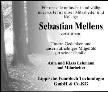 Anzeige  Sebastian Mellens  Lippische Landes-Zeitung