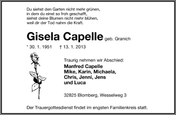 Anzeige  Gisela Capelle  Lippische Landes-Zeitung