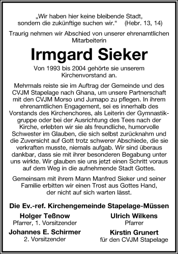 Anzeige  Irmgard Sieker  Lippische Landes-Zeitung