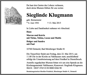 Anzeige  Sieglinde Klugmann  Lippische Landes-Zeitung