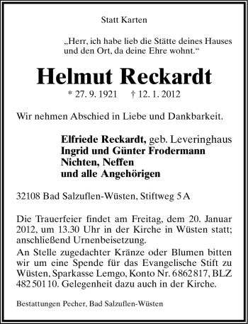 Anzeige  Helmut Reckardt  Lippische Landes-Zeitung
