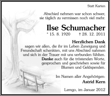 Anzeige  Ilse Schumacher  Lippische Landes-Zeitung