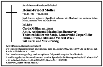 Anzeige  Heinz-Friedel Möller  Lippische Landes-Zeitung