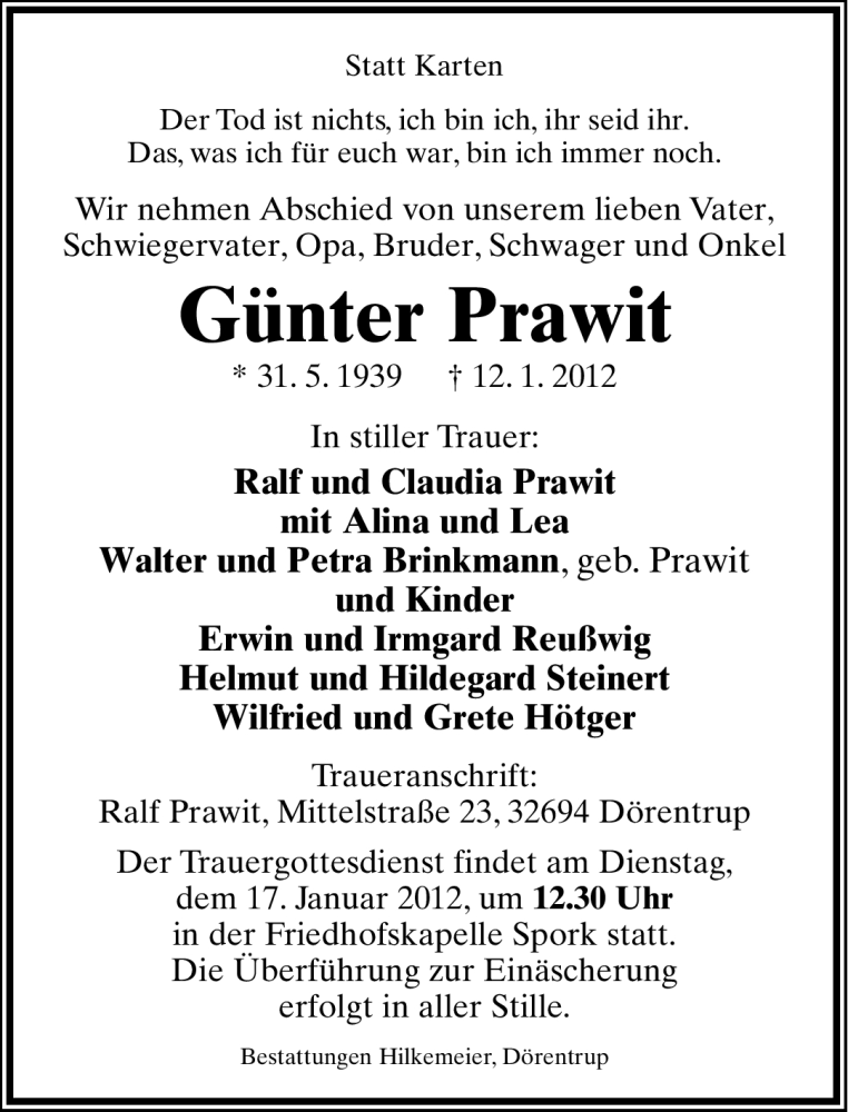  Traueranzeige für Günter Prawit vom 14.01.2012 aus Lippische Landes-Zeitung