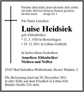 Anzeige  Luise Heidsiek  Lippische Landes-Zeitung
