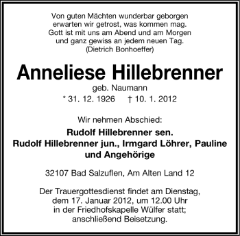 Anzeige  Anneliese Hillebrenner  Lippische Landes-Zeitung