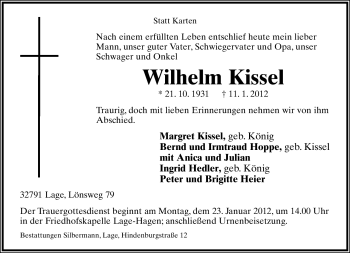 Anzeige  Wilhelm Kissel  Lippische Landes-Zeitung