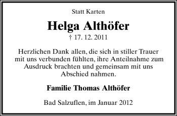 Anzeige  Helga Althöfer  Lippische Landes-Zeitung
