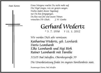 Anzeige  Gerhard Wedertz  Lippische Landes-Zeitung