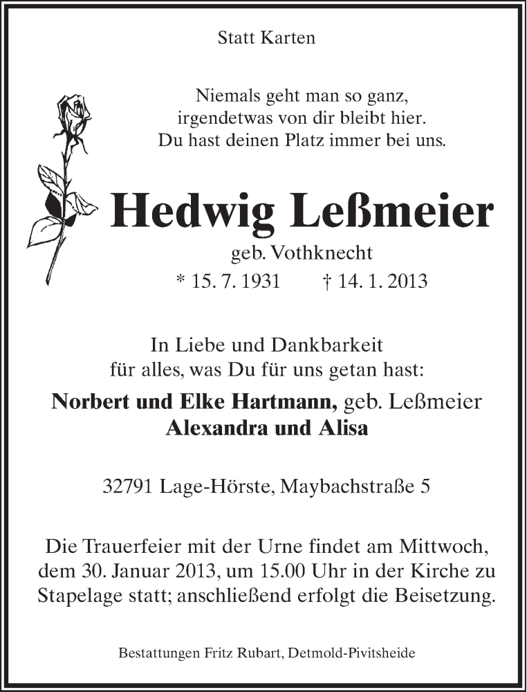  Traueranzeige für Hedwig Leßmeier vom 19.01.2013 aus Lippische Landes-Zeitung