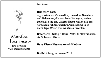 Anzeige  Monika Haarmann  Lippische Landes-Zeitung