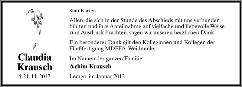  Traueranzeige für Claudia Krausch vom 19.01.2013 aus Lippische Landes-Zeitung