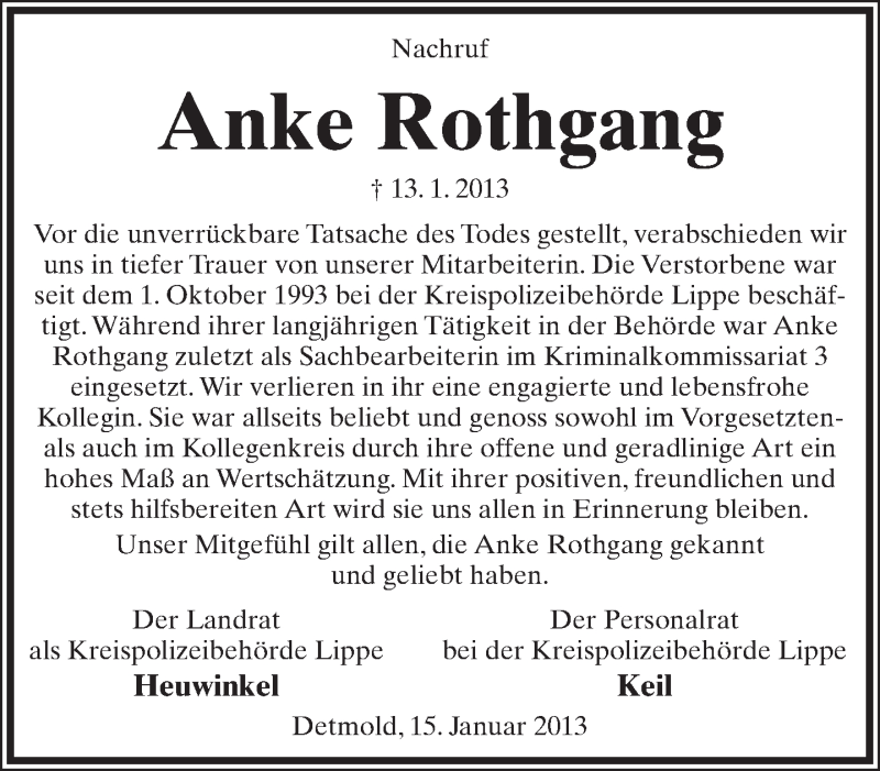  Traueranzeige für Anke Rothgang vom 17.01.2013 aus Lippische Landes-Zeitung
