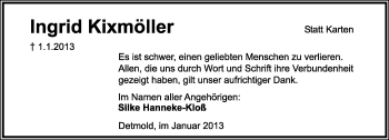 Anzeige  Ingrid Kixmöller  Lippische Landes-Zeitung