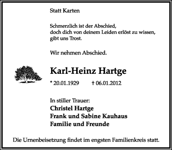 Anzeige  Karl-Heinz Hartge  Lippische Landes-Zeitung