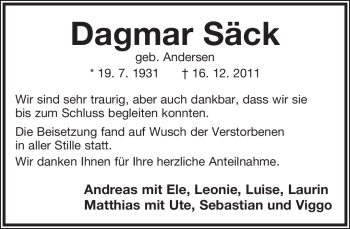 Anzeige  Dagmar Säck  Lippische Landes-Zeitung