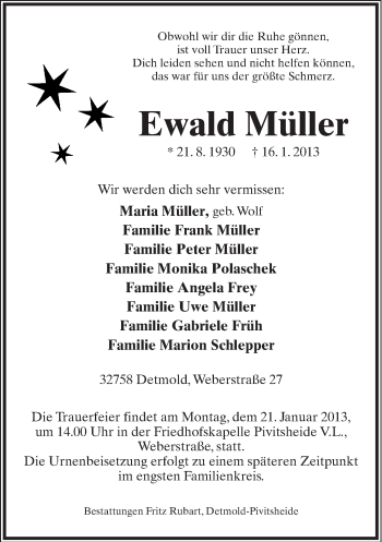 Anzeige  Ewald Müller  Lippische Landes-Zeitung