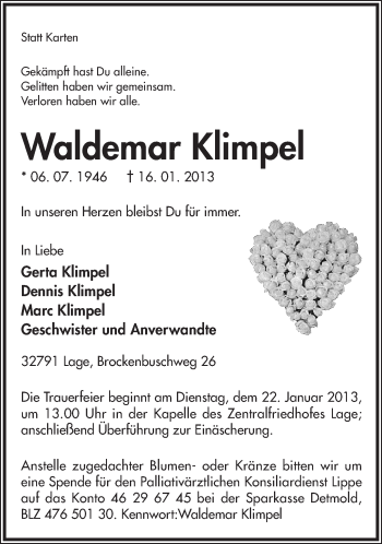 Anzeige  Waldemar Klimpel  Lippische Landes-Zeitung