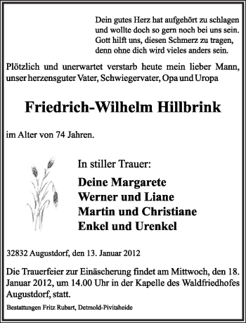 Anzeige  Friedrich-Wilhelm Hillbrink  Lippische Landes-Zeitung