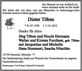 Anzeige  Dieter Töben  Lippische Landes-Zeitung