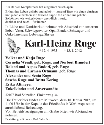 Anzeige  Karl-Heinz Ruge  Lippische Landes-Zeitung