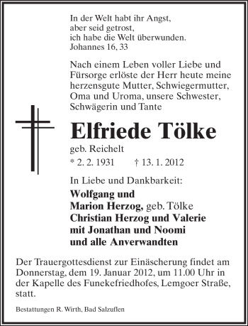 Anzeige  Elfriede Tölke  Lippische Landes-Zeitung
