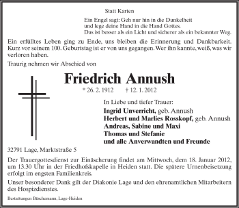 Anzeige  Friedrich Annush  Lippische Landes-Zeitung