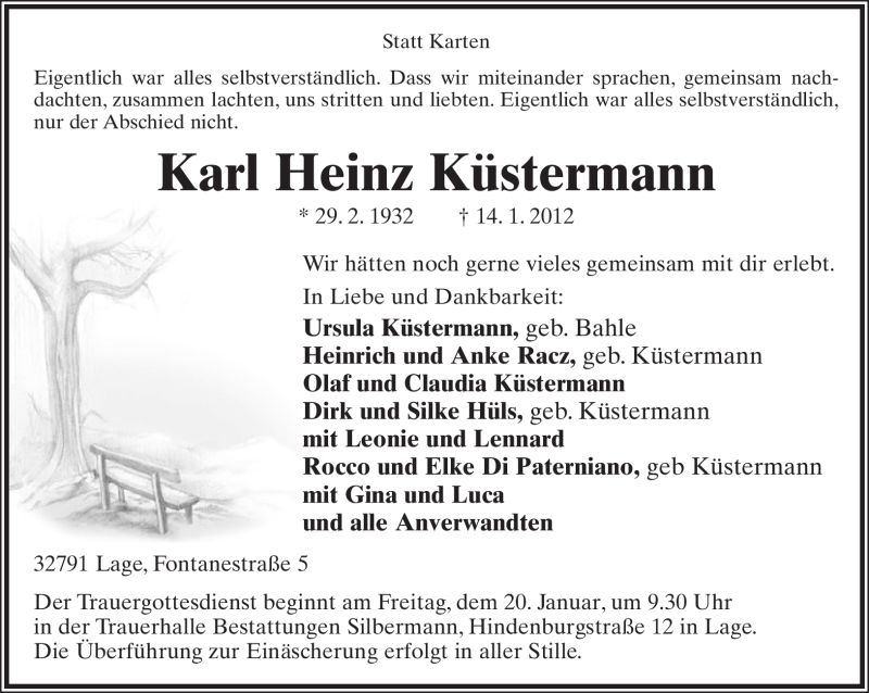  Traueranzeige für Karl Heinz Küstermann vom 16.01.2012 aus Lippische Landes-Zeitung