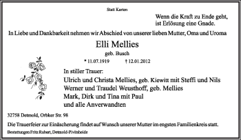Anzeige  Elli Mellies  Lippische Landes-Zeitung
