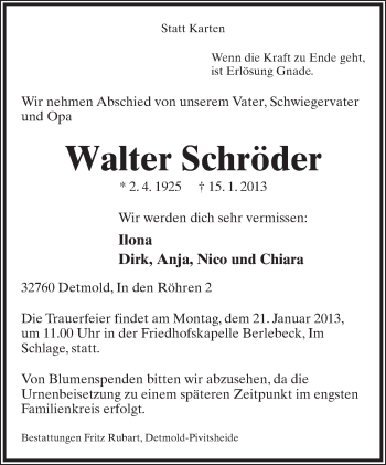 Anzeige  Walter Schröder  Lippische Landes-Zeitung