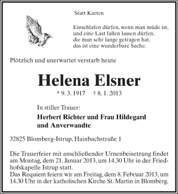 Anzeige  Helena Elsner  Lippische Landes-Zeitung